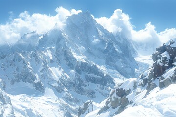 Obraz premium Snow-Capped Mountain Range Under a Blue Sky with Puffy Clouds
