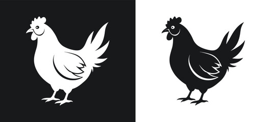 hen and rooster chicken black and white silhouette and icon vector illustration bundle