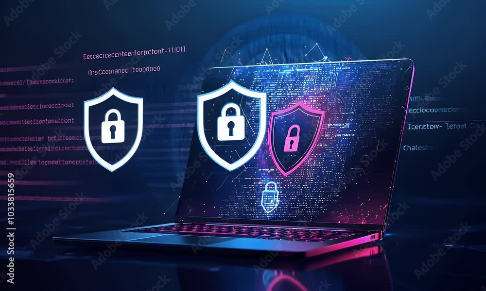 Poster blue digital security background with a lock symbol and circuit board patterns, representing data pr