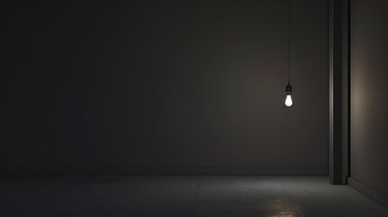 Dark empty room with single flickering light bulb casting long shadows, emphasizing absence of power and eerie atmosphere, minimalist setting with focus on light bulb's glow.