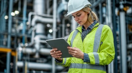 Engineer wearing safety uniform and helmet looking detail tablet on hand with oil refinery factory in the background.