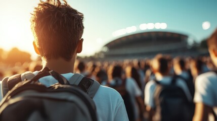 Facing the stadium, a back view of a young individual represents the quest for knowledge and future opportunities in an inspiring and sunlit atmosphere.