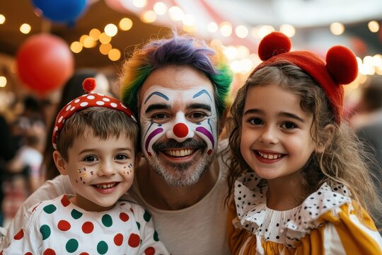 A vibrant image showing a father and his two smiling children in colorful clown makeup at a lively carnival, capturing the spirit of excitement and joy.