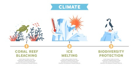Coral reef bleaching shown with turtle and coral. Ice melting represented with icebergs and thermometer. Biodiversity protection with penguin on ice. Ideal for education, environmental studies © robu_s