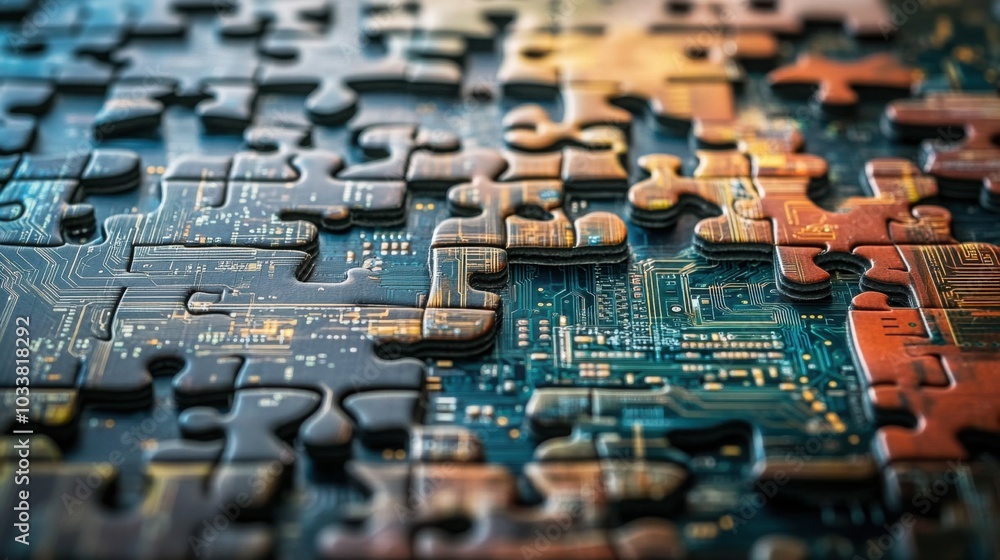 Poster a creative image of puzzle pieces designed as circuit boards, fitting together to form a technologic