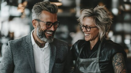 A trendy couple with glasses and tattoos shares a laugh in a cozy, modern setting, showcasing fashion-forward style and joyful connection between them.