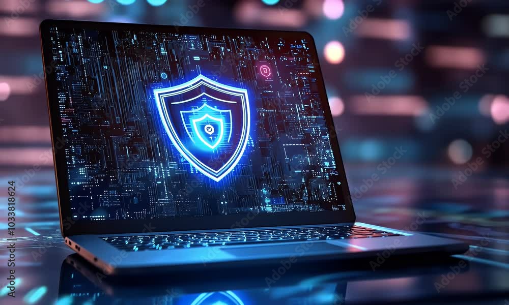 Poster blue digital security background with a lock symbol and circuit board patterns, representing data pr