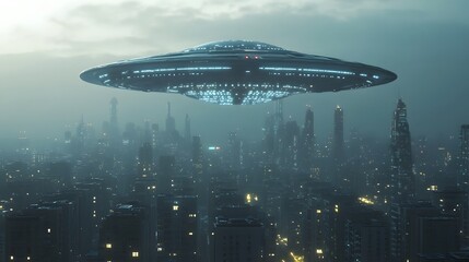 Obraz premium A UFO Hovering Over a Foggy Cityscape at Night