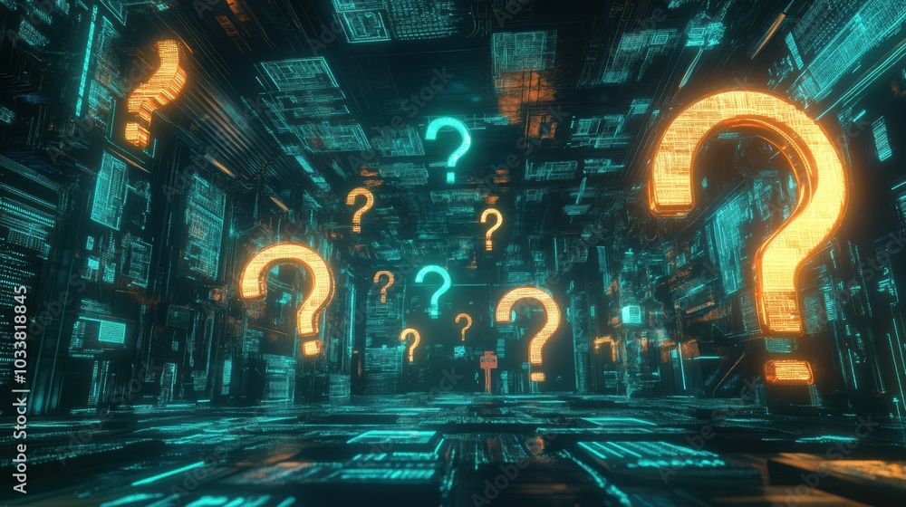 Poster a futuristic digital scene featuring glowing question marks in a 3d virtual space