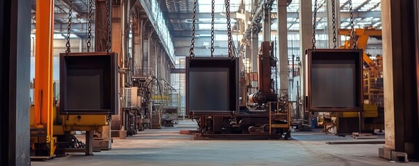A spacious industrial workshop featuring large empty equipment frames and heavy machinery, showcasing a raw, factory-like environment with metal structures.