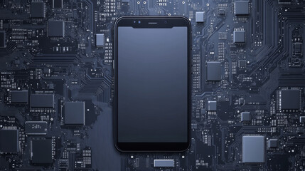 Fototapeta premium Illustrate a smartphone alongside components like an electronic processor, firmware, and a CPU hardware microchip, highlighting the intricate details of cellphone engineering.