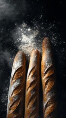 Three newly baked baguettes stand upright against a dark backdrop, dusted with flour and surrounded by a haze of smoke