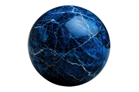 Blue marble sphere with intricate patterns white background, transparent background