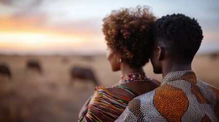 A couple stands embraced, overlooking an African landscape as the sun sets, wearing striking ethnic clothing. The scene embodies warmth and togetherness.