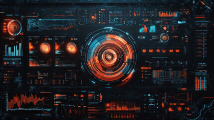 Obraz premium Modern cyberspace UI and HUD design, featuring graphics, charts, infographics, big data, and indicators. The background emphasizes modern business, economics, and big data analysis, with a focus on fu
