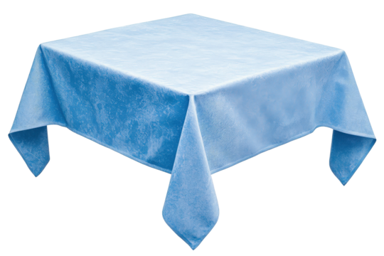 Blue tablecloth on a square table, white background, transparent background