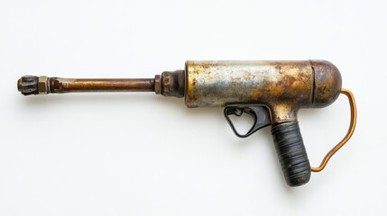 An old gasoline blowtorch displayed against a white background. The blowtorch features insulated components.



