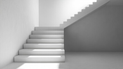 A white staircase is shown in a room with a white wall