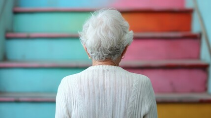 An elderly woman with white hair stands contemplatively before pastel-themed stairs, invoking nostalgia, reflection, and the soothing passage of time in this serene scene.