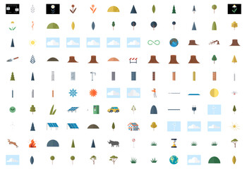 Diverse set of nature and adventure icons with trees, mountains, animals, activities, and weather elements. Ideal for ecological themes, outdoor adventures, environmental education, nature-inspired