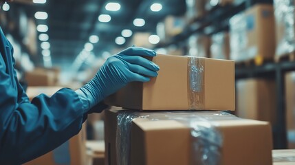 A warehouse worker organizes boxes, showcasing efficient inventory management in a modern logistics facility.