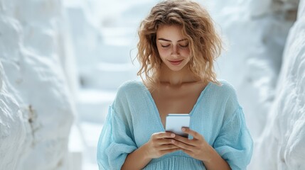A woman in a flowing blue dress happily looks at her smartphone while surrounded by white, ethereal architecture, evoking a sense of peace and tranquility.