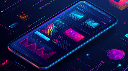 Online statistics, data analytics, and finance trading mobile app concept. Features a smartphone app interface with UI/UX design elements, showcasing trends analysis and financial strategies. Vector i