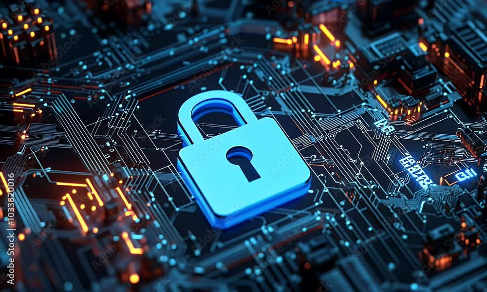 Poster blue digital security background with a lock symbol and circuit board patterns, representing data pr