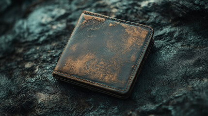 A worn wallet with no money inside, placed on a rough surface, representing financial insecurity. Copy space, poverty