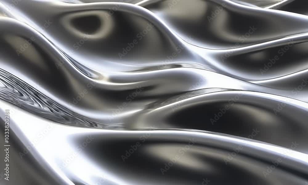 Aufkleber 3d render of an abstract, silver, wavy liquid background with a metallic texture featuring shiny wav