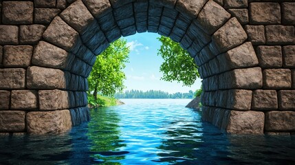 A picturesque view through a stone archway to a serene lake surrounded by lush trees under a clear blue sky.