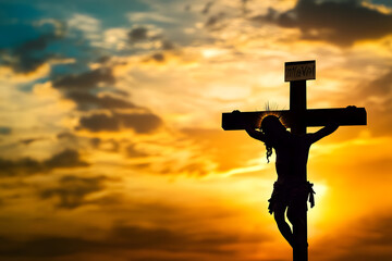 Silhouette of Jesus with Cross over calvary sunset concept for religion, worship, Christmas, Good Friday, Easter, Jesus he is risen, Thanksgiving prayer and praise, resurrection sunday