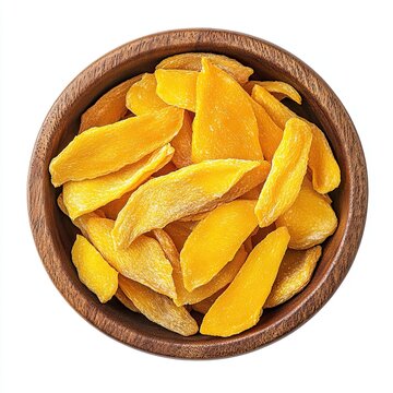 Top view of a wooden bowl filled with dried mango slices isolated on white background