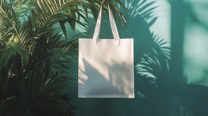 White shopping tote bag mockup hanging on hook, green plants blue background