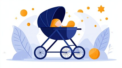 Stylized illustration of a baby in a stroller with abstract shapes 
