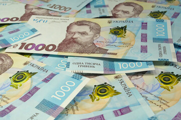 Banknotes 1000 Hryvnia. Real Ukrainian paper money of blue yellow color