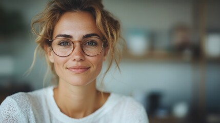A woman wearing stylish glasses, casually sitting indoors with a minimalistic background, exuding confidence and intellectual charm in her serene environment.