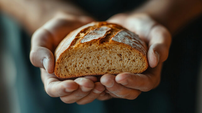 A close-up of worn hands holding a piece of bread, symbolizing hunger and the struggle for basic needs. Copy space, poverty