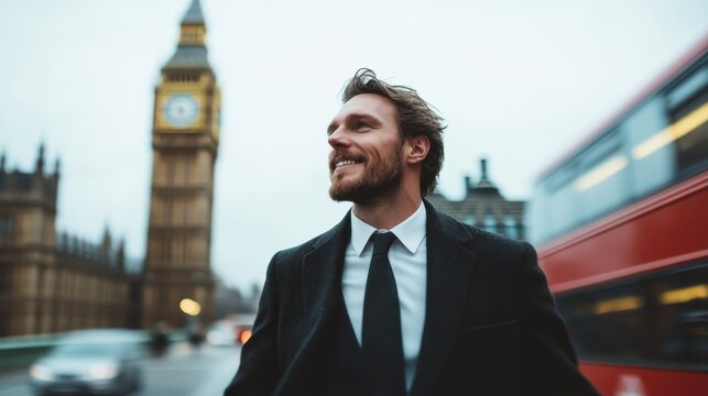 A man in a suit walking in London, with the iconic Big Ben and a double-decker bus in the background, representing elegance, motion, and urban lifestyle.