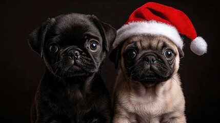Adorable Pug puppies with a festive Santa hat on a dark backdrop, a perfect blend of cuteness and festive spirit for Christmas greeting cards and social media campaigns, exuding joy and celebration