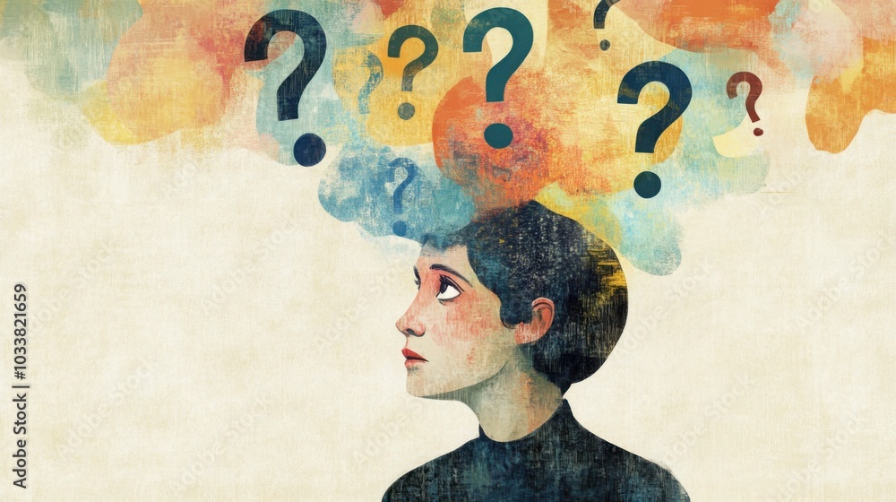 Poster person with a thought bubble above their head filled with various question marks
