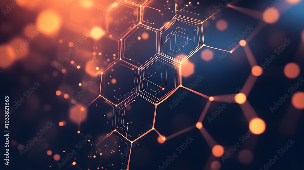Poster abstract hexagon pattern with glowing lines and dots