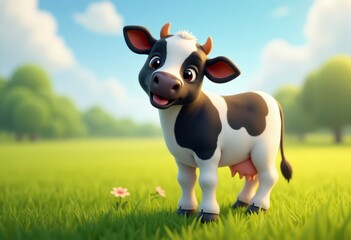 Cartoon Cow in Green Field .