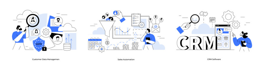 People managing customer data, automating sales tasks and using CRM software. Ideal for marketing, business solutions, data management, sales processes, and digital tools. Metaphor blue simple