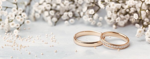 Elegant gold wedding rings, delicate gypsophila baby's breath flowers and pearls on white marble tabletop, perfect for romantic marriage invitations, engagement announcements, and jewelry banner ads