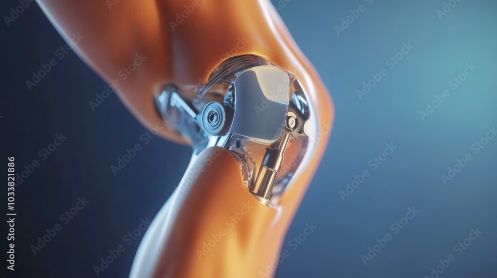 Poster a close-up of a robotic knee joint. the knee is made of metal and has a transparent casing, revealin