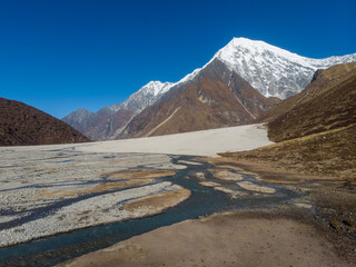 A serene mountain landscape with a snow-capped peak, rocky terrain, and a flowing stream under a clear blue sky.