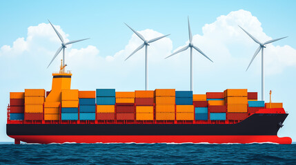 Naklejka premium Cargo ships with wind turbines, ecofriendly design crossing global trade routes