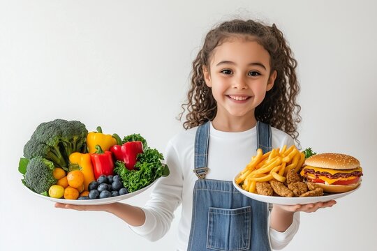 An engaging of a child faced with the choice between healthy and unhealthy food options, representing the struggle of making nutritious choices and promoting healthy eating habits