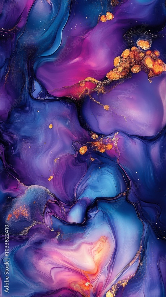 Poster Captivating liquid acrylic paint blend featuring gold, purple, blue, and pink hues, forming a lively abstract backdrop